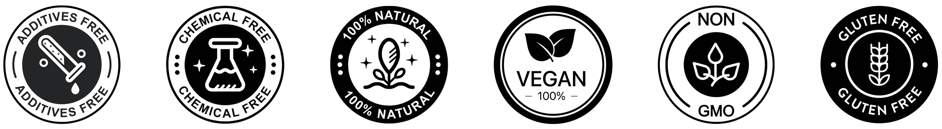 Additives free, chemical free, 100% natural, 100% vegan, non gmo, gluten free logos that are descriptive of real himalayan shilajit
