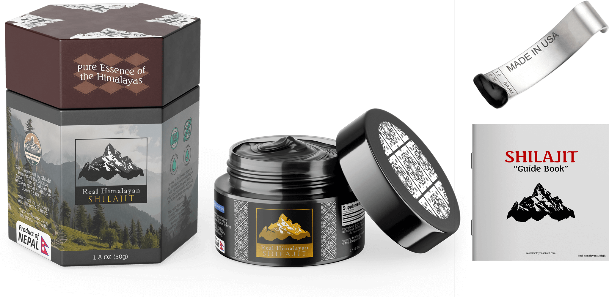 Items included for each purchase include packaging box, jar of shilajit, shiljait spoon, guide book