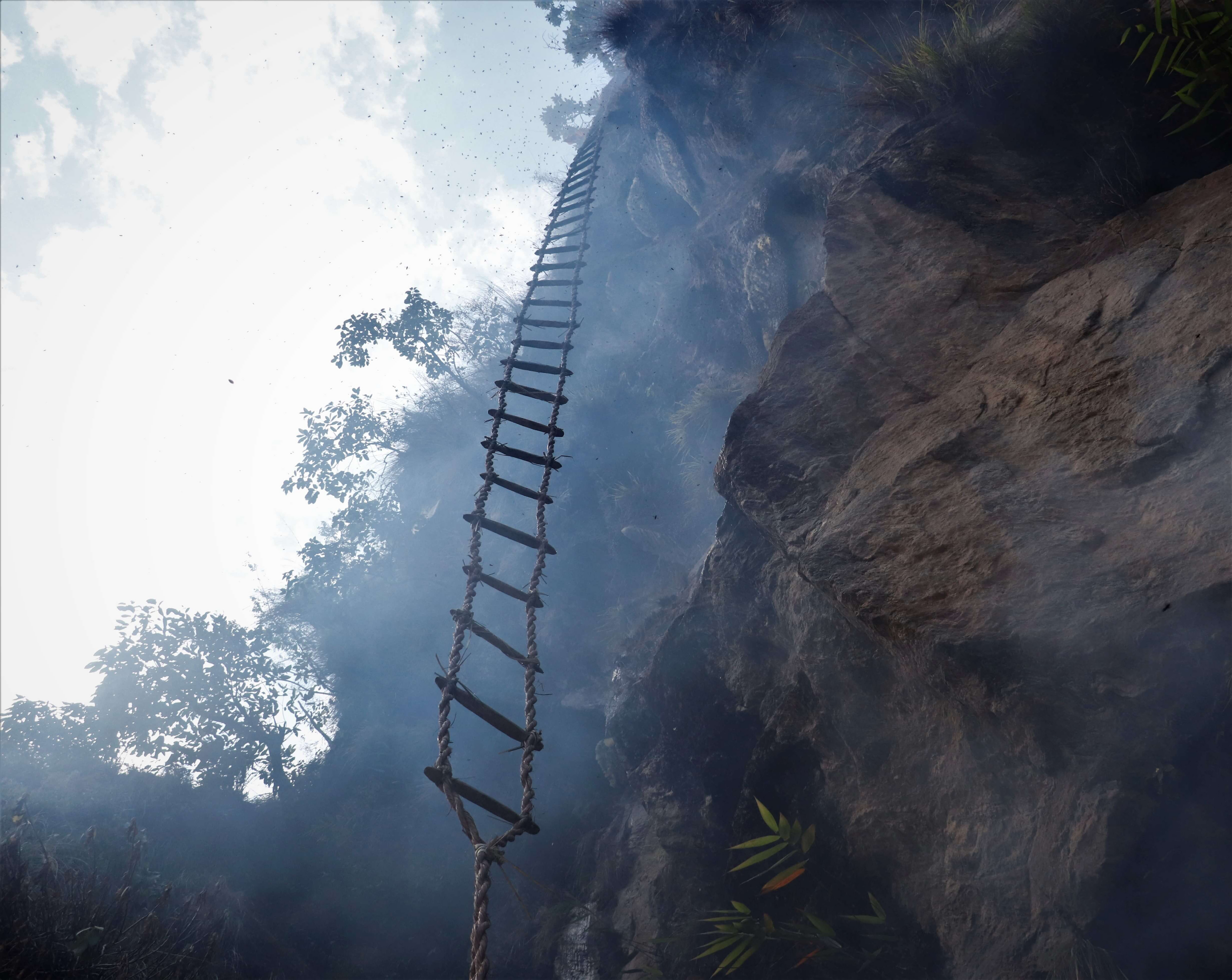 Ladder overlooking the himalayan mountain used for shilajit harvesting